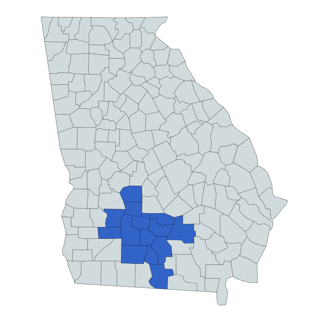 County map of Georgia; highlighted counties are Dooly, Crisp, Lee, Dougherty, Worth, Turner, Ben Hill, Coffee, Berrien, Tift, Colquitt, Cook, and Lowndes, Georgia counties